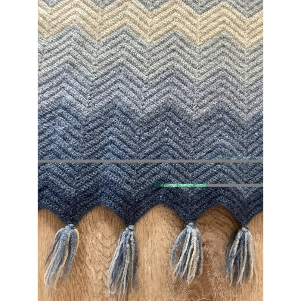 Vtg Blue Chevron Crochet Afghan 70's Boho Hippie Fringe Lap Blanket Throw 44x47